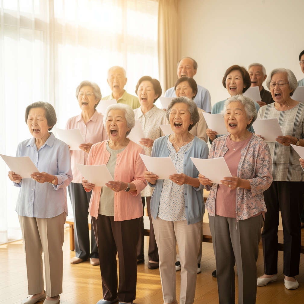 合唱を楽しむ日本のシニアグループ